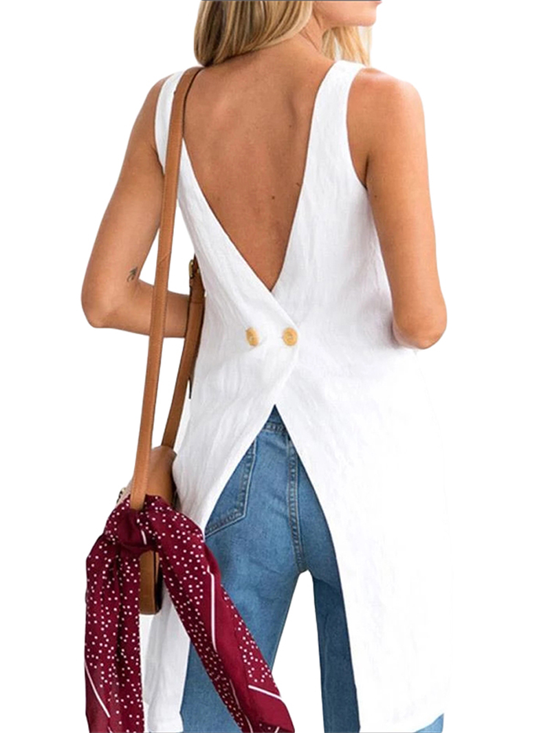 Solid Color Cotton Cross Back V-Neck Irregular Hem Sleeveless Blouse dylinoshop