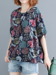 Women Plant Leaf Print round Neck Casual Relaxed Half Sleeve Blouses dylinoshop