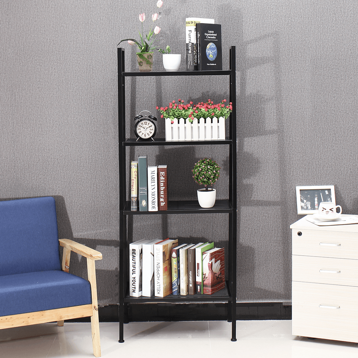 4 Tiers Wall Leaning Ladder Shelf Bookcase Bookshelf Storage Rack Shelves Storage Stand Unit Organizer for Office Home Bedroom Living Room MRSLM