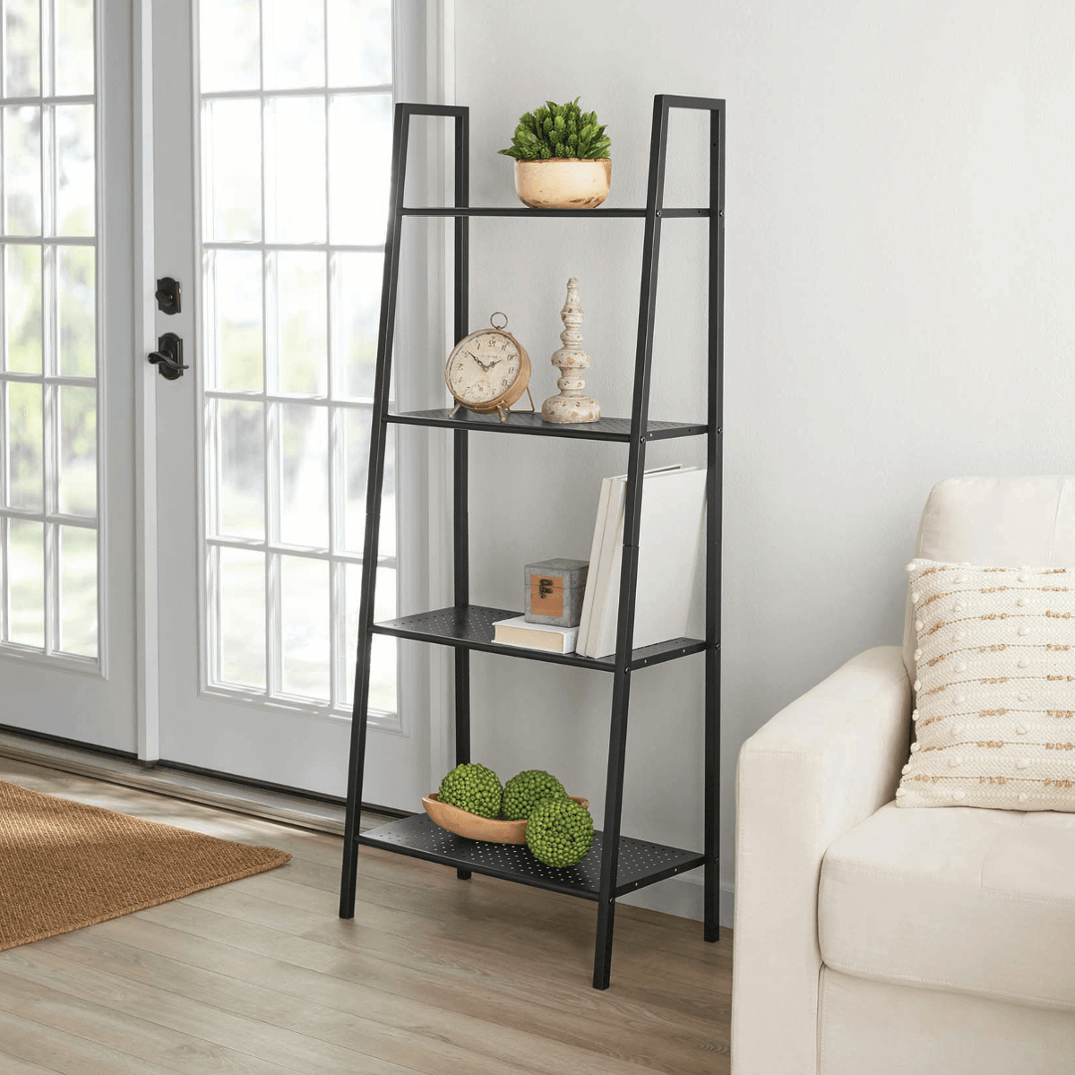 4 Tiers Wall Leaning Ladder Shelf Bookcase Bookshelf Storage Rack Shelves Storage Stand Unit Organizer for Office Home Bedroom Living Room MRSLM