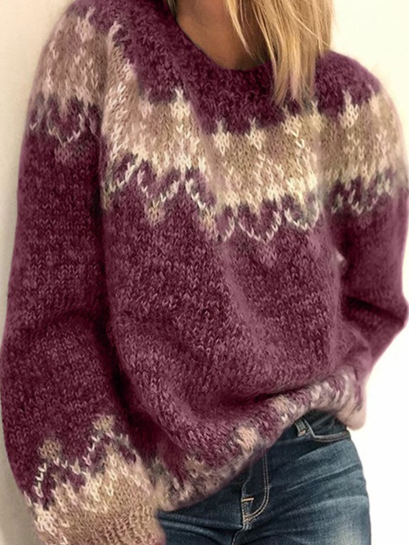 Women Vintage Pattern round Neck Knit Long Sleeve Pullover Sweaters dylinoshop