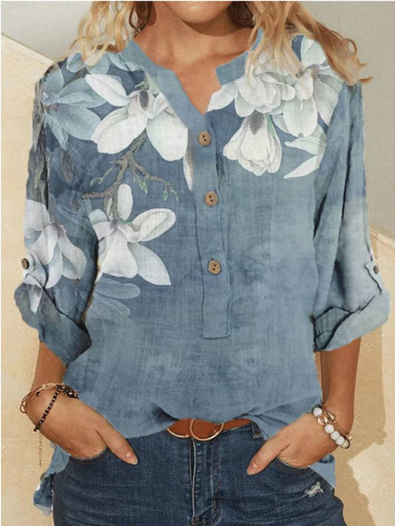 Women Cotton Floral Embroidery Casual Stand Collar Shirt dylinoshop