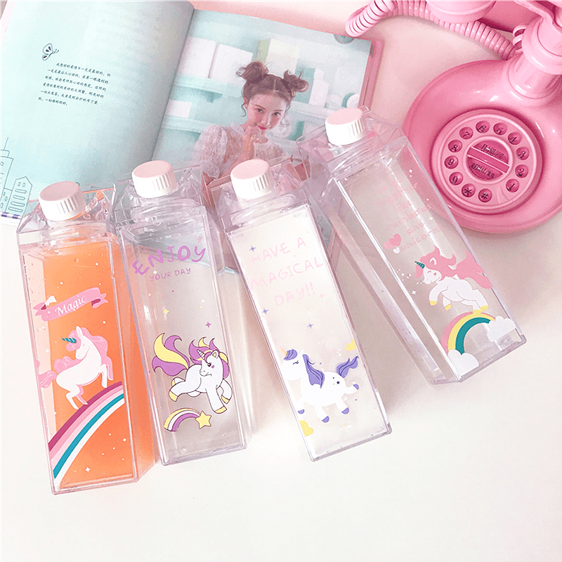 500Ml Fantastic Summer Unicorn Cartoon Milk Drink Box Water Bottle Birthday Kid Clear Plastic Water Bottle Gym Sport Cactus Juice Frui Holder Fitness Picnic MRSLM