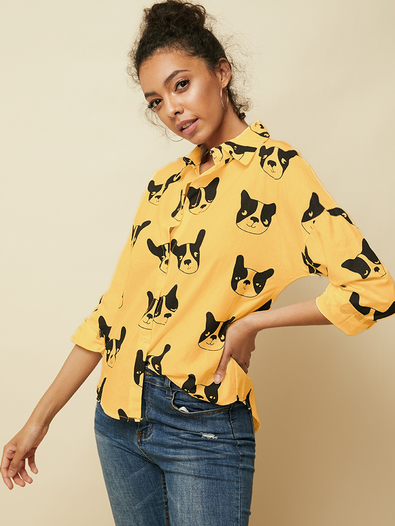 Cartoon Dog Animal Print Button down Long Sleeve Irregular Hem Casual Blouse for Women dylinoshop