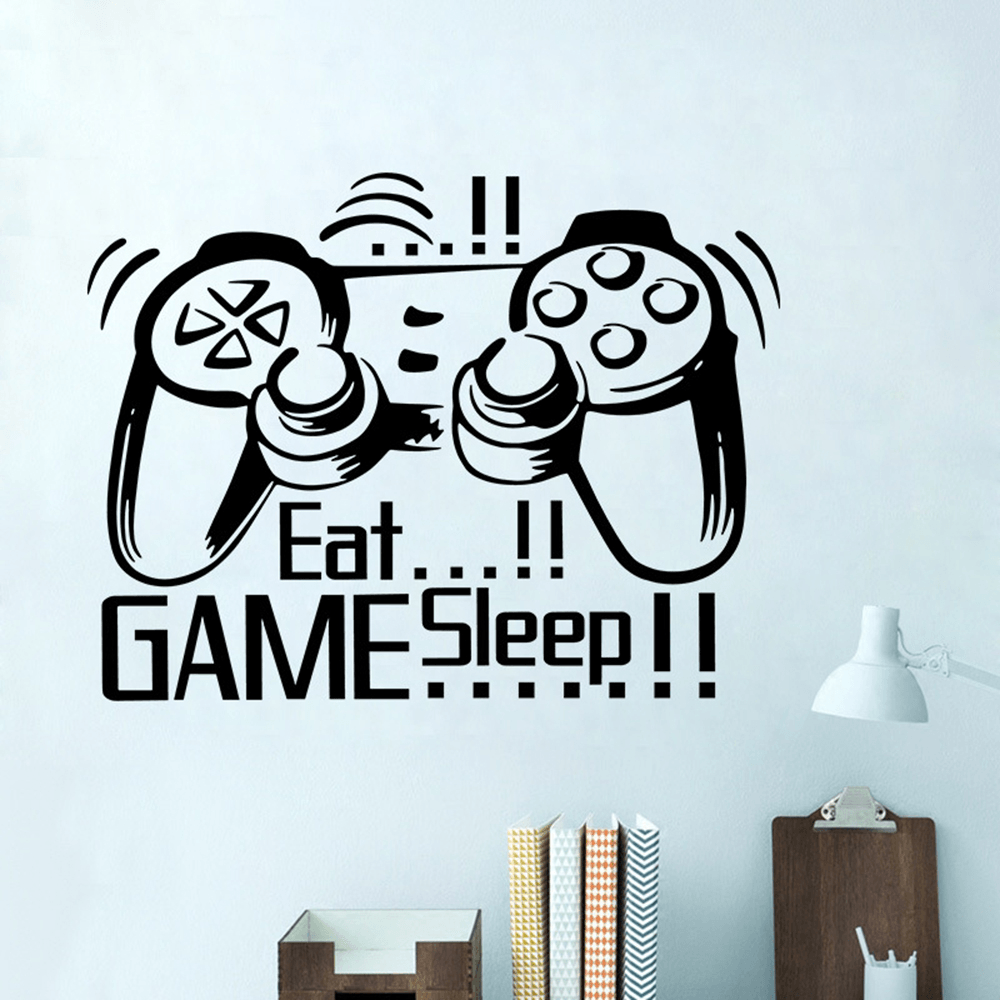 Creative Art Game Handle Wall Stickers "EAT SLEEP GAME" Black Vinyl Removable Printed Game Lovers Bedroom Wall Stickers Hot Play Game Handle Living Room Bedroom Personality Decoration Wall Stickers MRSLM