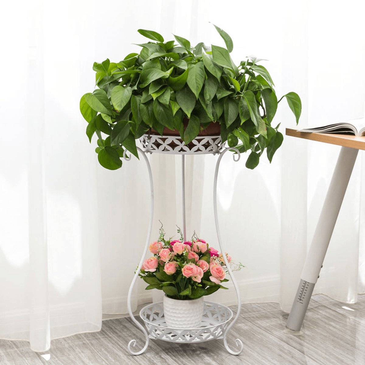 2 Tiers Metal Pot Flower Shelf Plant Stand Rack Display Indoor Outdoor dylinoshop