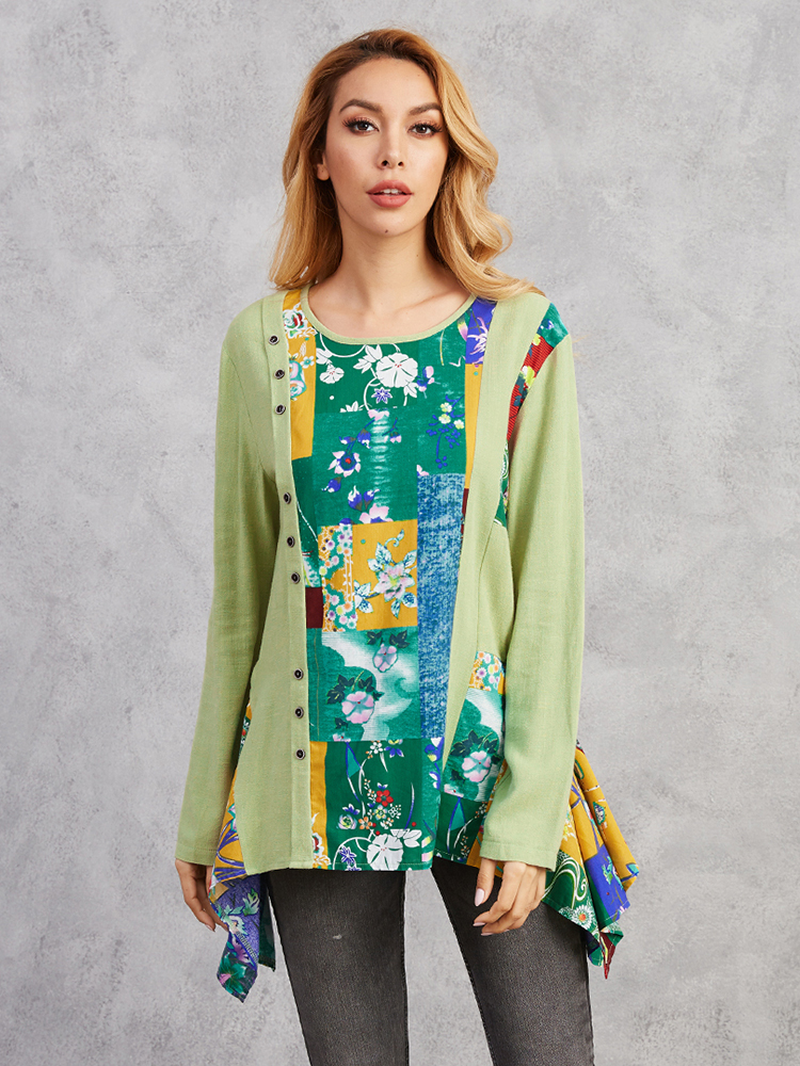 Floral Print Irregular Hem Patchwork Long Sleeve O-Neck Blouse dylinoshop