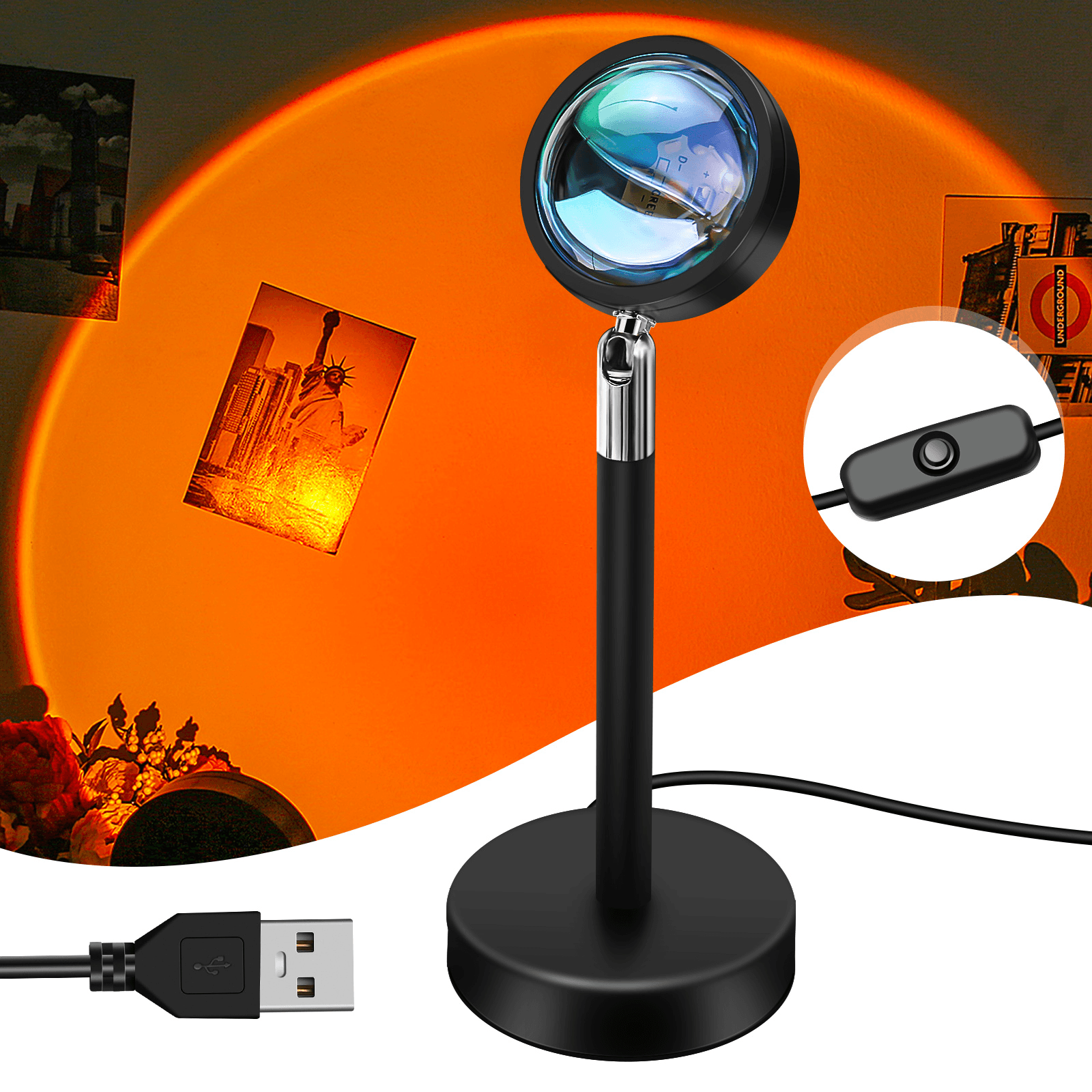 USB Sunset Red Projection Lamp Projector LED Mellow Floor Lamp Rainbow Night Light 360 Degree Rotation for Photography/Party/Home Decor/Bedroom Living Room Bring Modern Sunset Red Lamp MRSLM