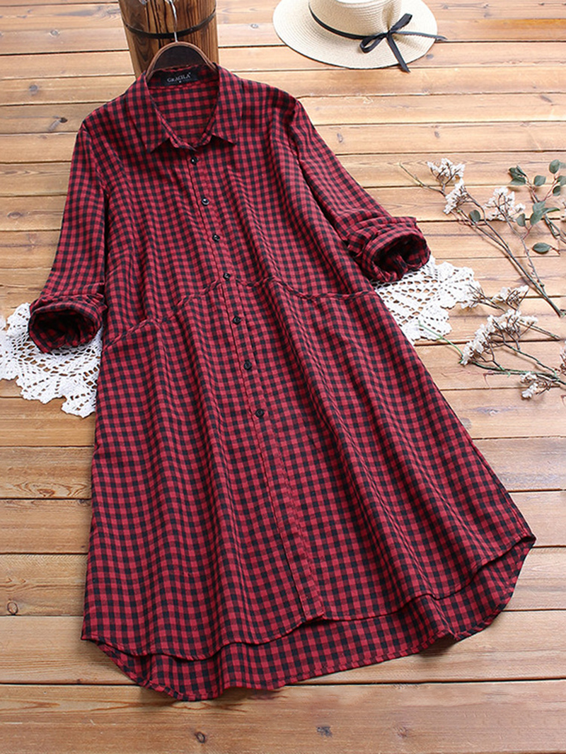 Women Long Sleeve Button Plaid Casual Shirt Blouse dylinoshop