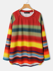 Women Multi Color Ombre Striped O-Neck Raglan Sleeve Casual Sweatshirts dylinoshop