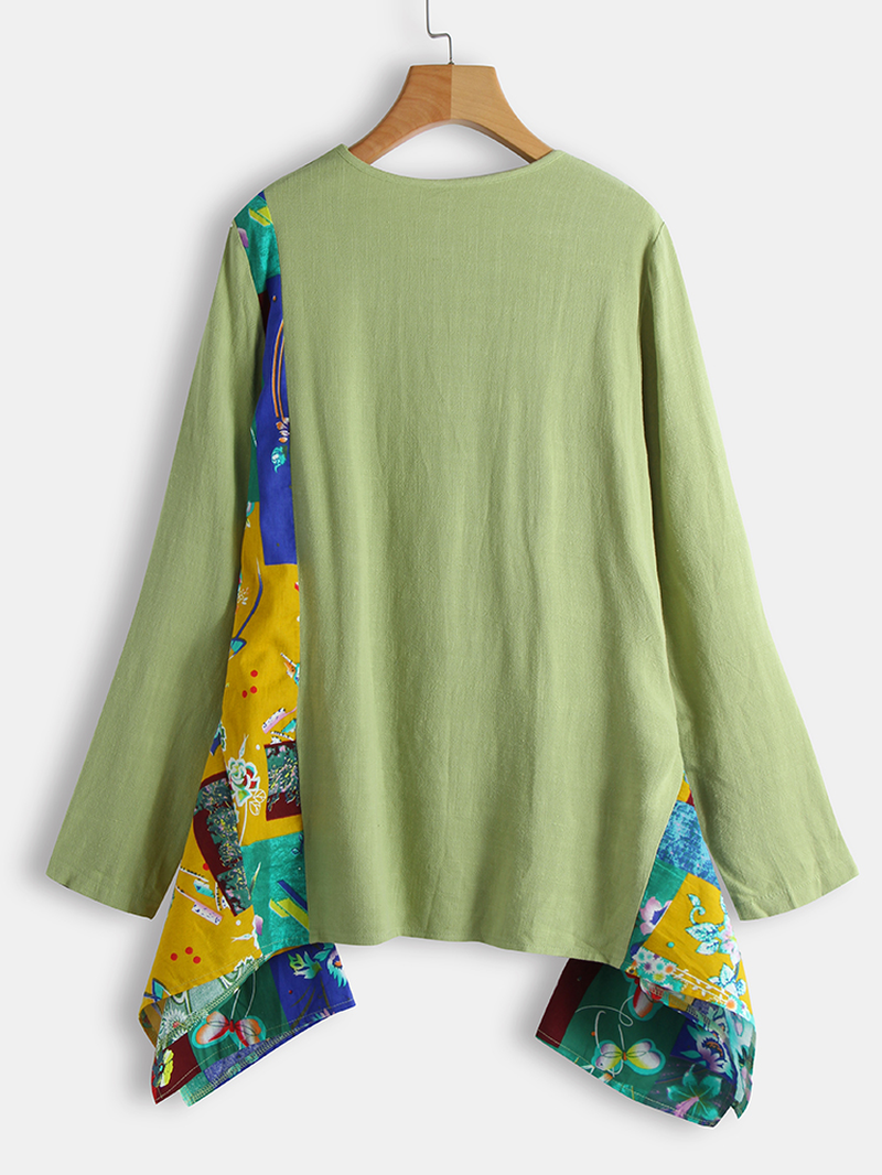 Floral Print Irregular Hem Patchwork Long Sleeve O-Neck Blouse dylinoshop