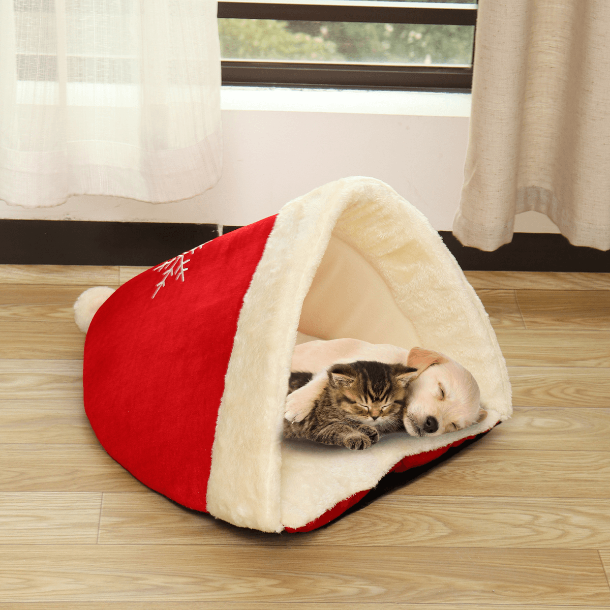 Christmas Hat Pet Nest Bed Soft Warm Cave House Sleeping Bag for Pet Cat Dog MRSLM