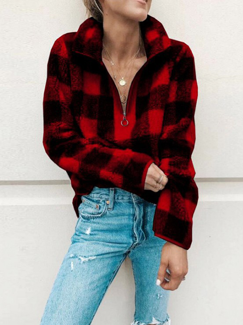 Women Fleece Plaid V-Neck Half Zip Casual Long Sleeve Sweatshirts dylinoshop