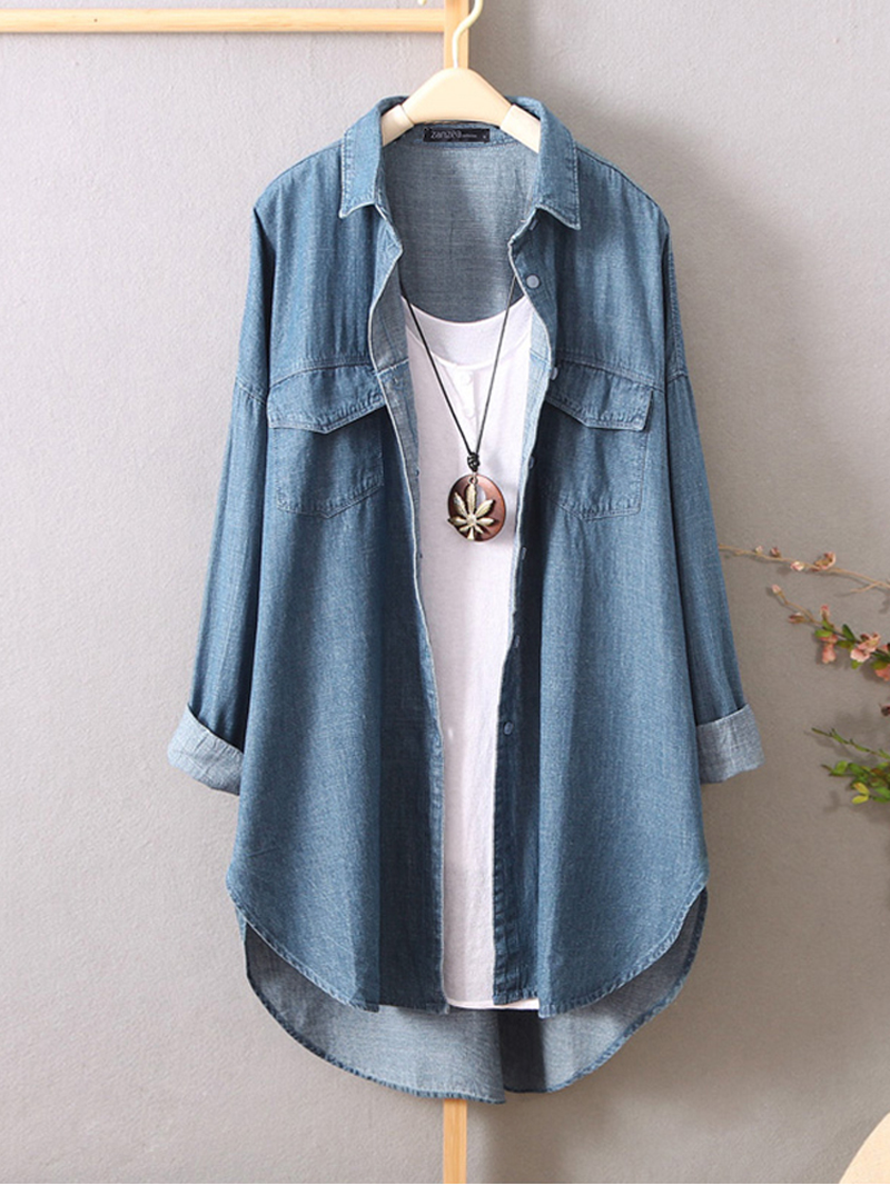 Women Long Sleeve Button down Shirts Casual Loose Denim Blouse dylinoshop