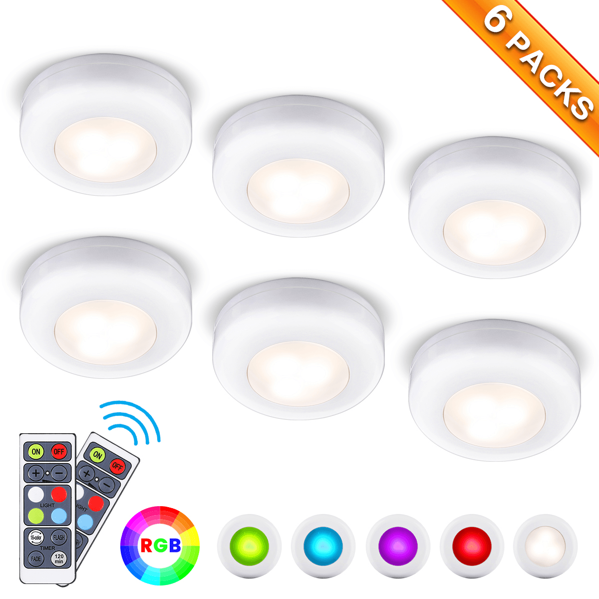 6 Pcs Elfeland Cabinet Lights RGB Led Night Light with Remote Control Stairs Light Cabinet Light Battery Operated for Cabinets, Wardrobe Kitchen Bedroom MRSLM