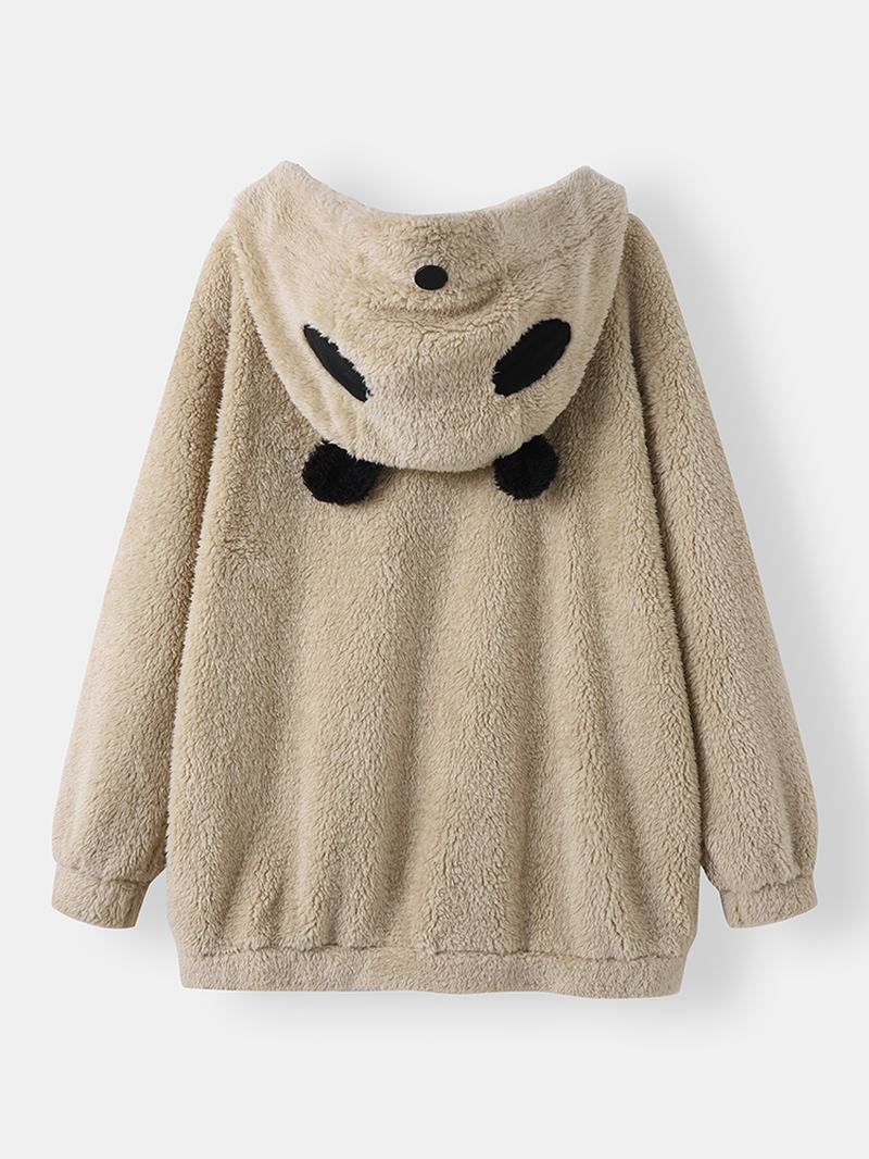 Women Plush Panda Pocket Long Sleeve Casual Hooded Sweatshirts dylinoshop