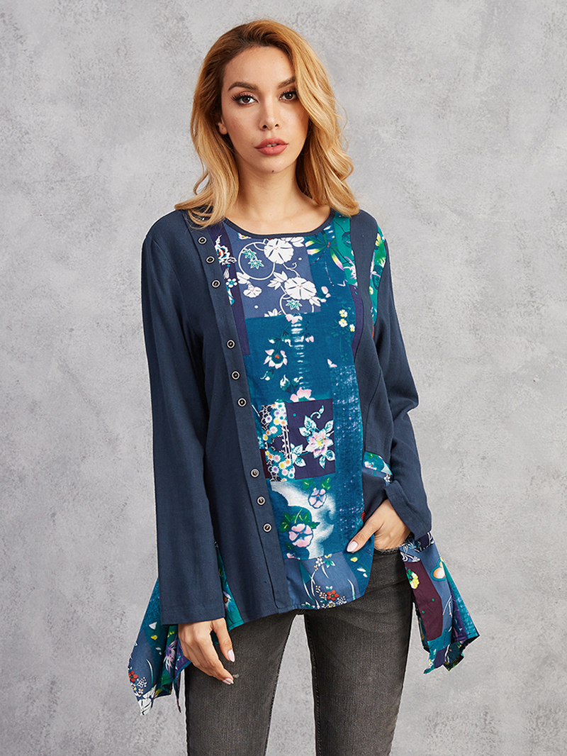 Floral Print Irregular Hem Patchwork Long Sleeve O-Neck Blouse dylinoshop