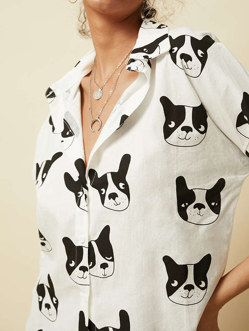 Cartoon Dog Animal Print Button down Long Sleeve Irregular Hem Casual Blouse for Women dylinoshop