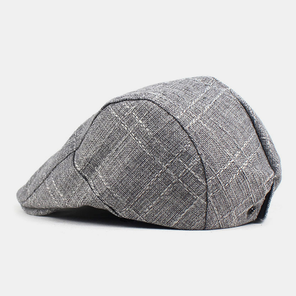 Unisex Cotton-Linen Plaid Pattern Outdoor Sunshade Breathable Beret Cap Flat Hat Forward Hat dylinoshop