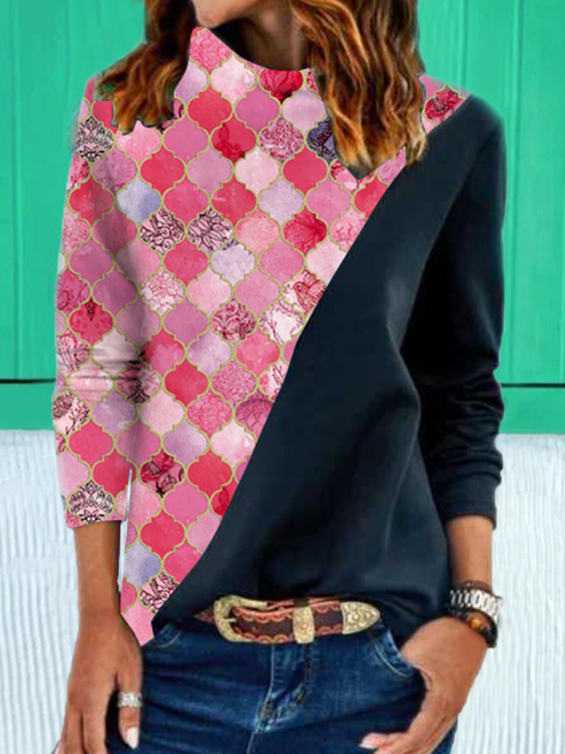 Women Geometry Graphic Patchwork Ethnic Style Heaps Collar Sweatshirts dylinoshop