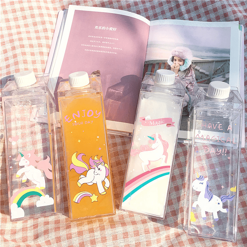 500Ml Fantastic Summer Unicorn Cartoon Milk Drink Box Water Bottle Birthday Kid Clear Plastic Water Bottle Gym Sport Cactus Juice Frui Holder Fitness Picnic MRSLM