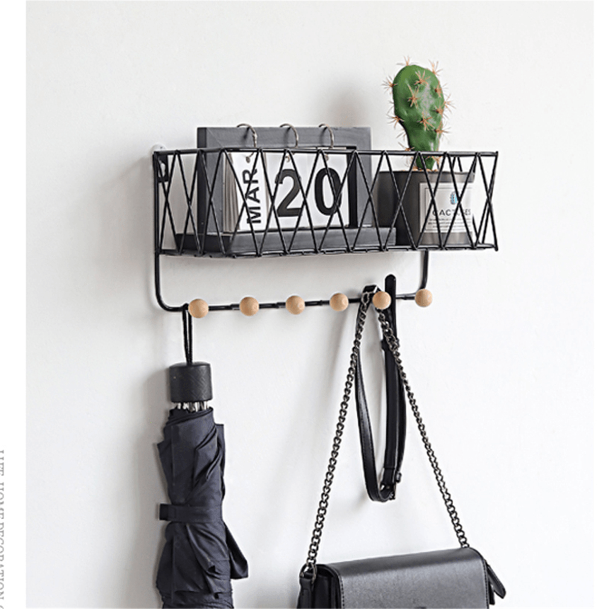 Iron Rack Wooden Wall Hanging Shelf Holder Books Pot Plant Storage +Hooks MRSLM