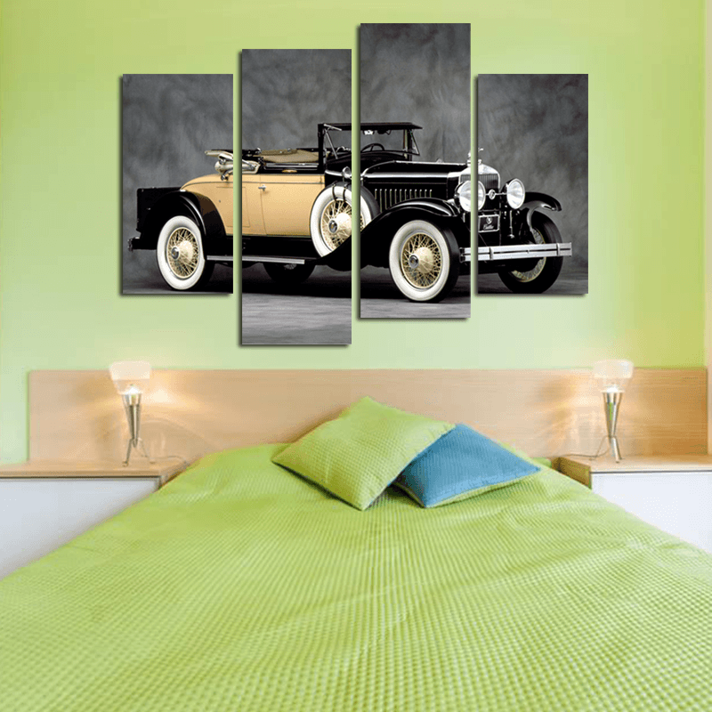 Miico Hand Painted Four Combination Decorative Paintings Retro Yellow Car Wall Art for Home Decoration MRSLM