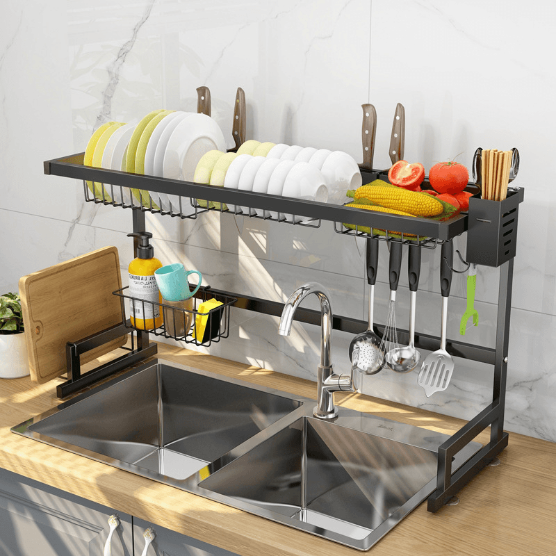 Stainless Kitchen Dish Rack 65/85CM Drainer Cutlery Cup Plates Holder Sink Drip Tray-Single/Double Slot MRSLM