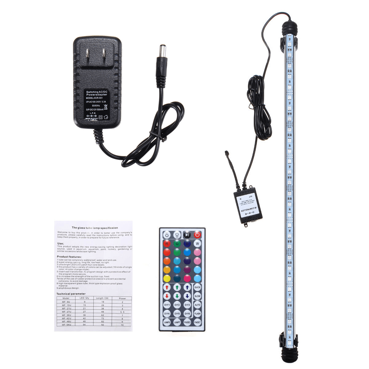 53CM RGB LED Aquarium Fish Tank Light IP68 Color Changing Bar Submersible Lamp + Remote Control AC110-240V MRSLM