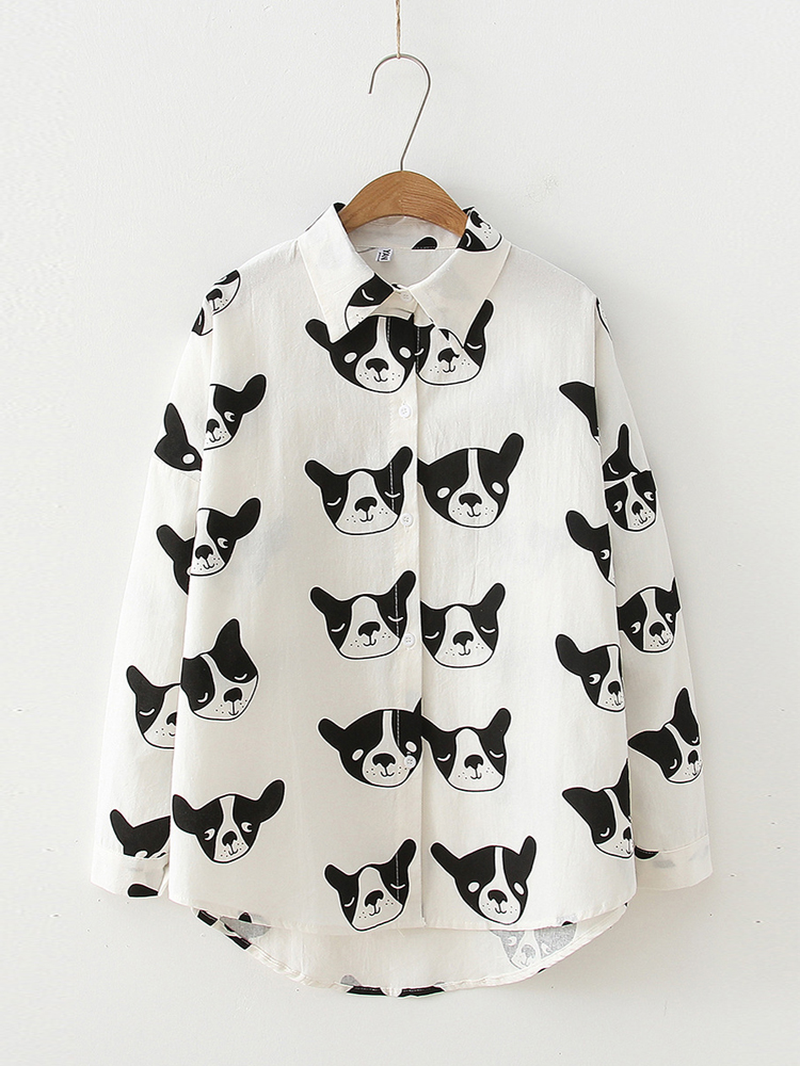 Cartoon Dog Animal Print Button down Long Sleeve Irregular Hem Casual Blouse for Women dylinoshop