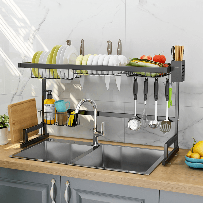 Stainless Kitchen Dish Rack 65/85CM Drainer Cutlery Cup Plates Holder Sink Drip Tray-Single/Double Slot MRSLM