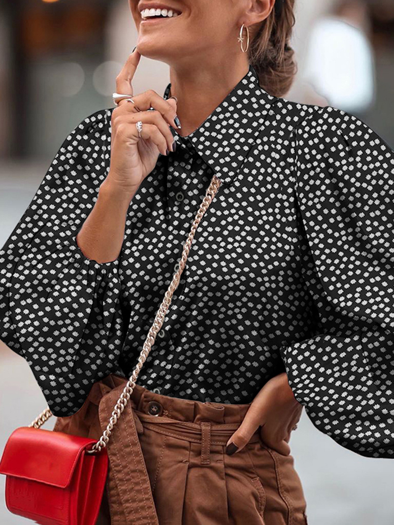 Women Ditsy Floral Printed Lapel Casual Lantern Sleeve Shirts dylinoshop