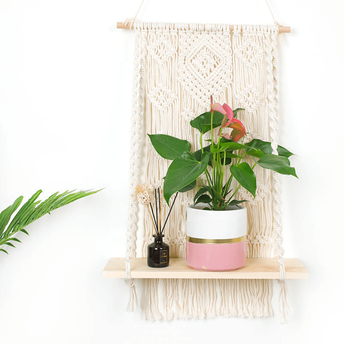 Macrame Plant Hanger Basket Hand Woven Tapestry Wood Pot Shelf Room Decoration MRSLM