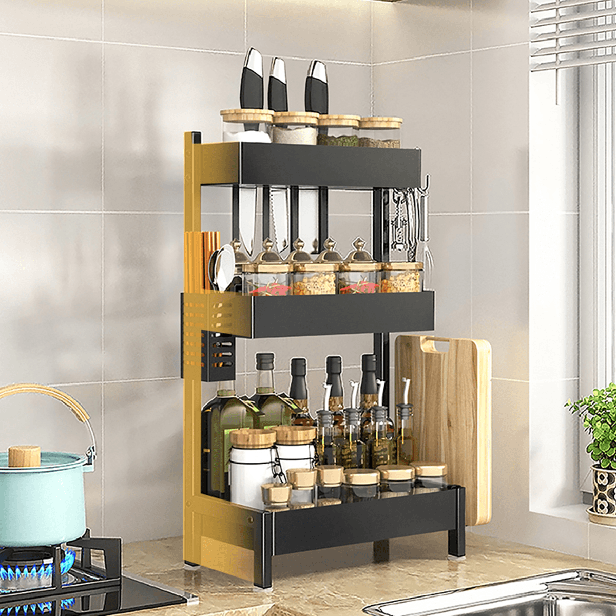 Kitchen Condiment Rack Bowl Shelf Spice Rack Dish Storage Rack Stainless Steel Durable Rustproof Heat Resisting Wall Shelf Holder MRSLM