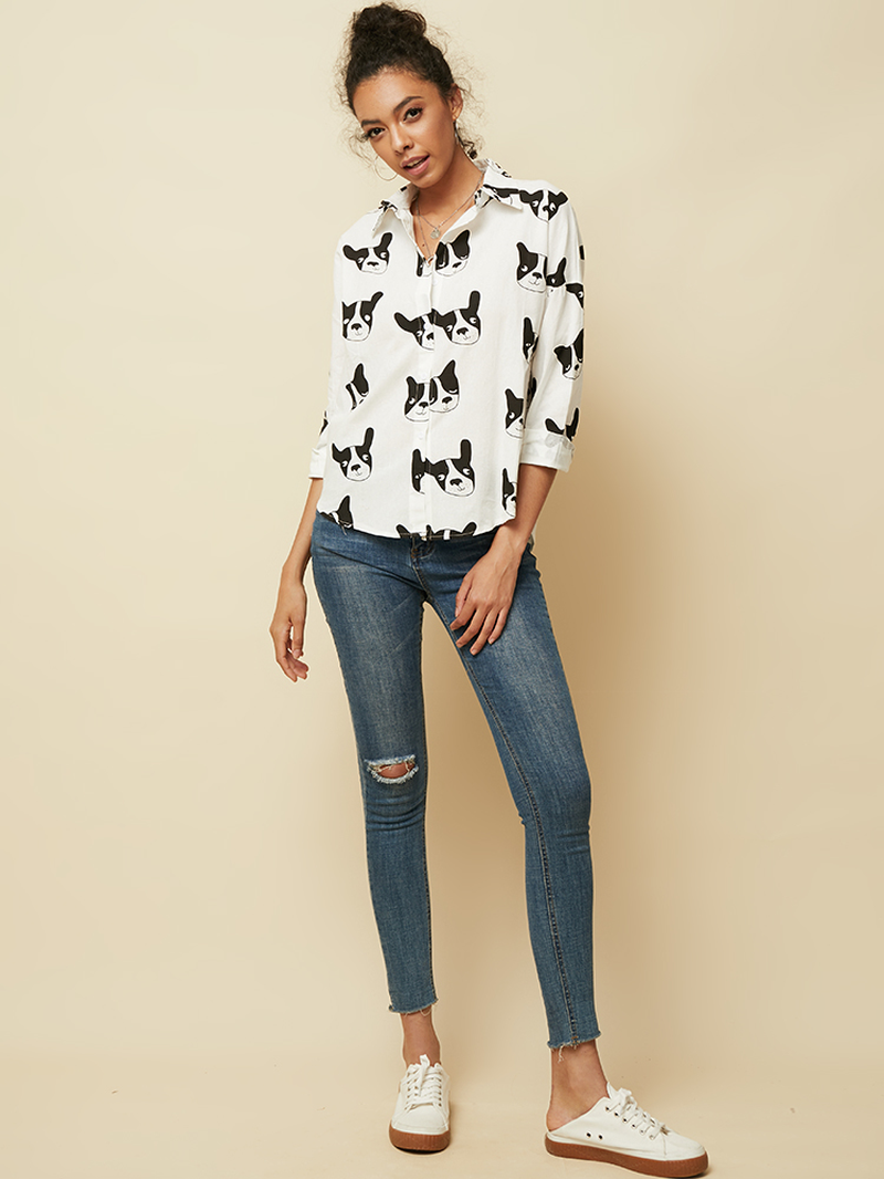 Cartoon Dog Animal Print Button down Long Sleeve Irregular Hem Casual Blouse for Women dylinoshop