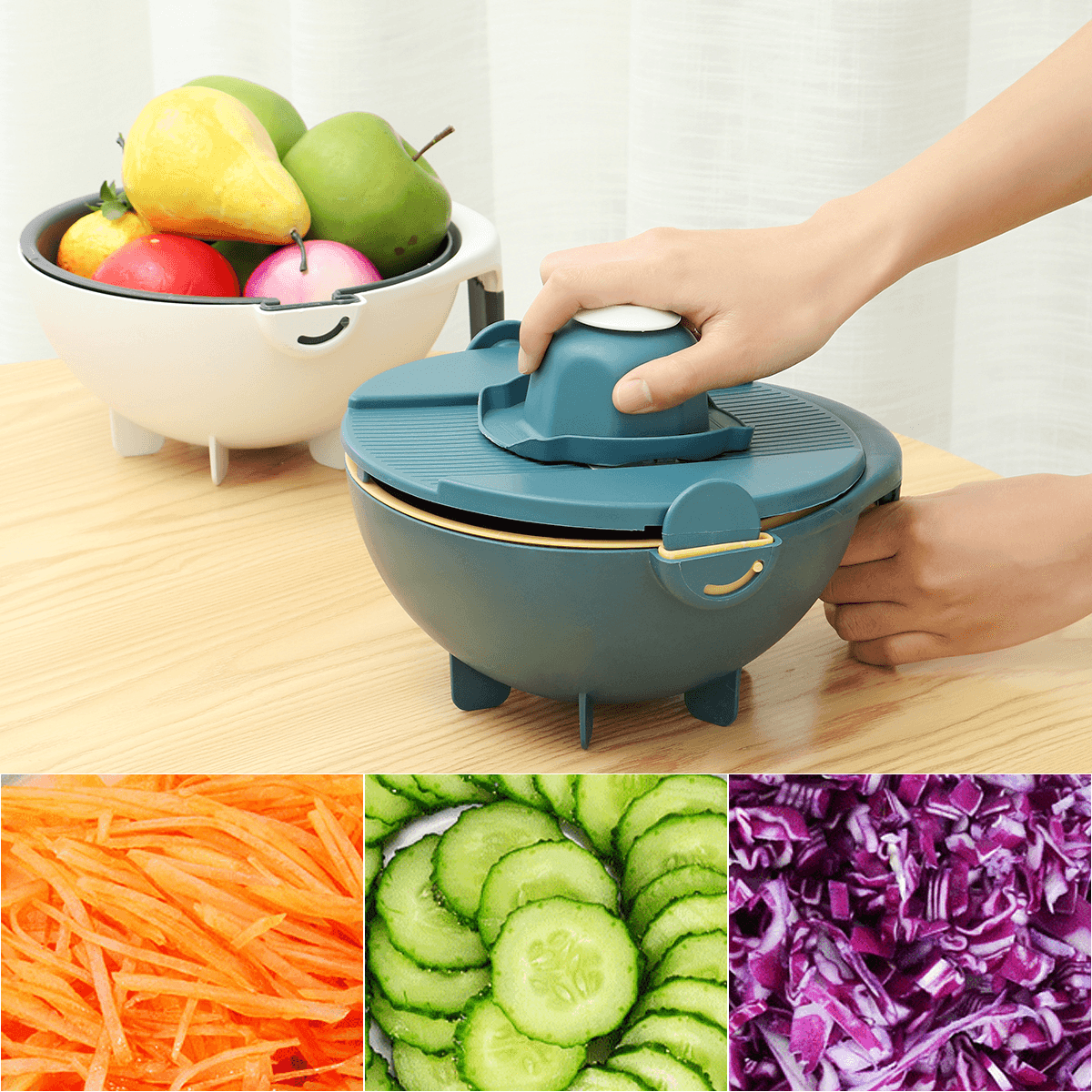 9 in 1 Multifunction Vegetable Cutter Drier Slicer Grater Rotated Vegetable Fruit Fruit Shredder Grater with Kitchen Drain Basket MRSLM