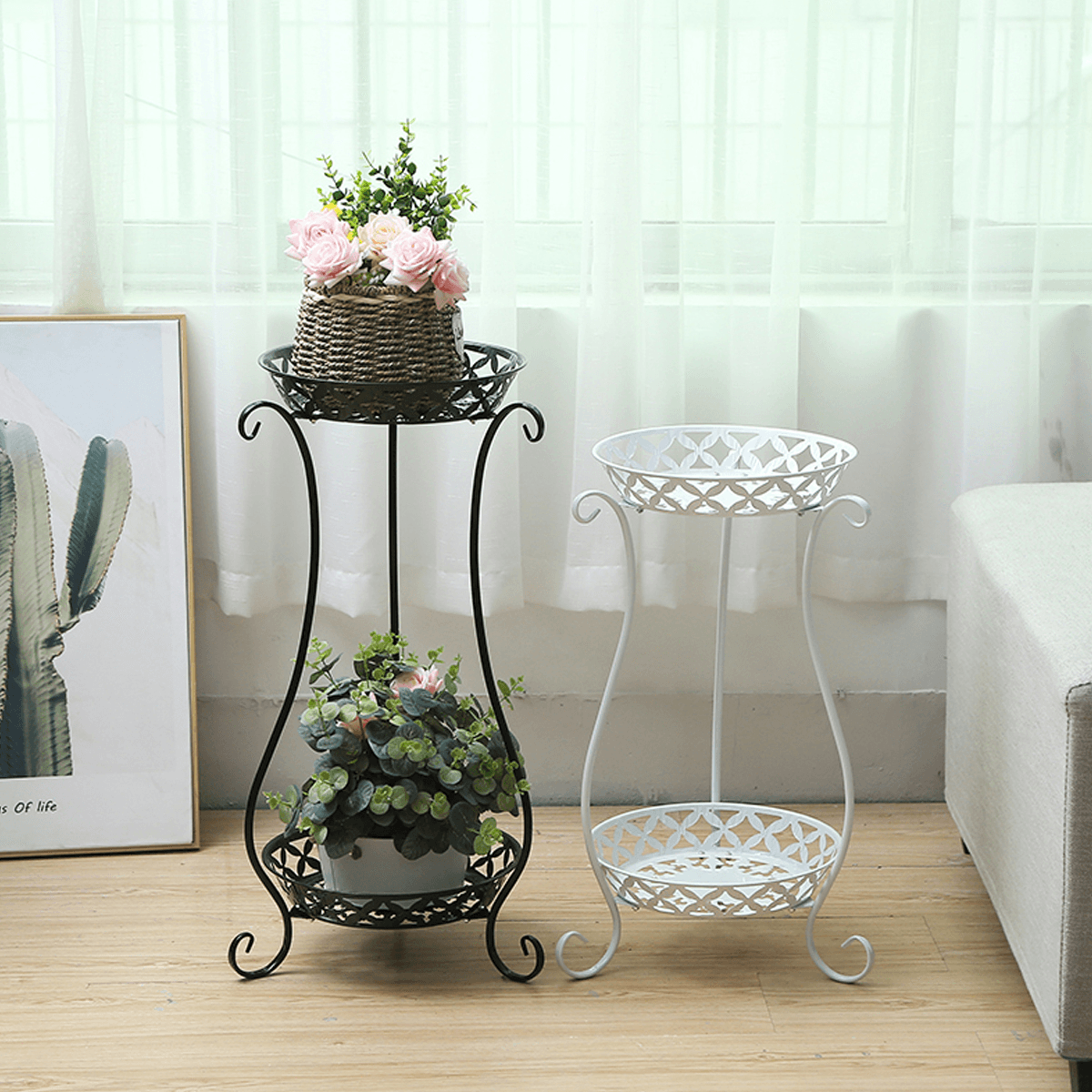 2 Tiers Metal Pot Flower Shelf Plant Stand Rack Display Indoor Outdoor dylinoshop