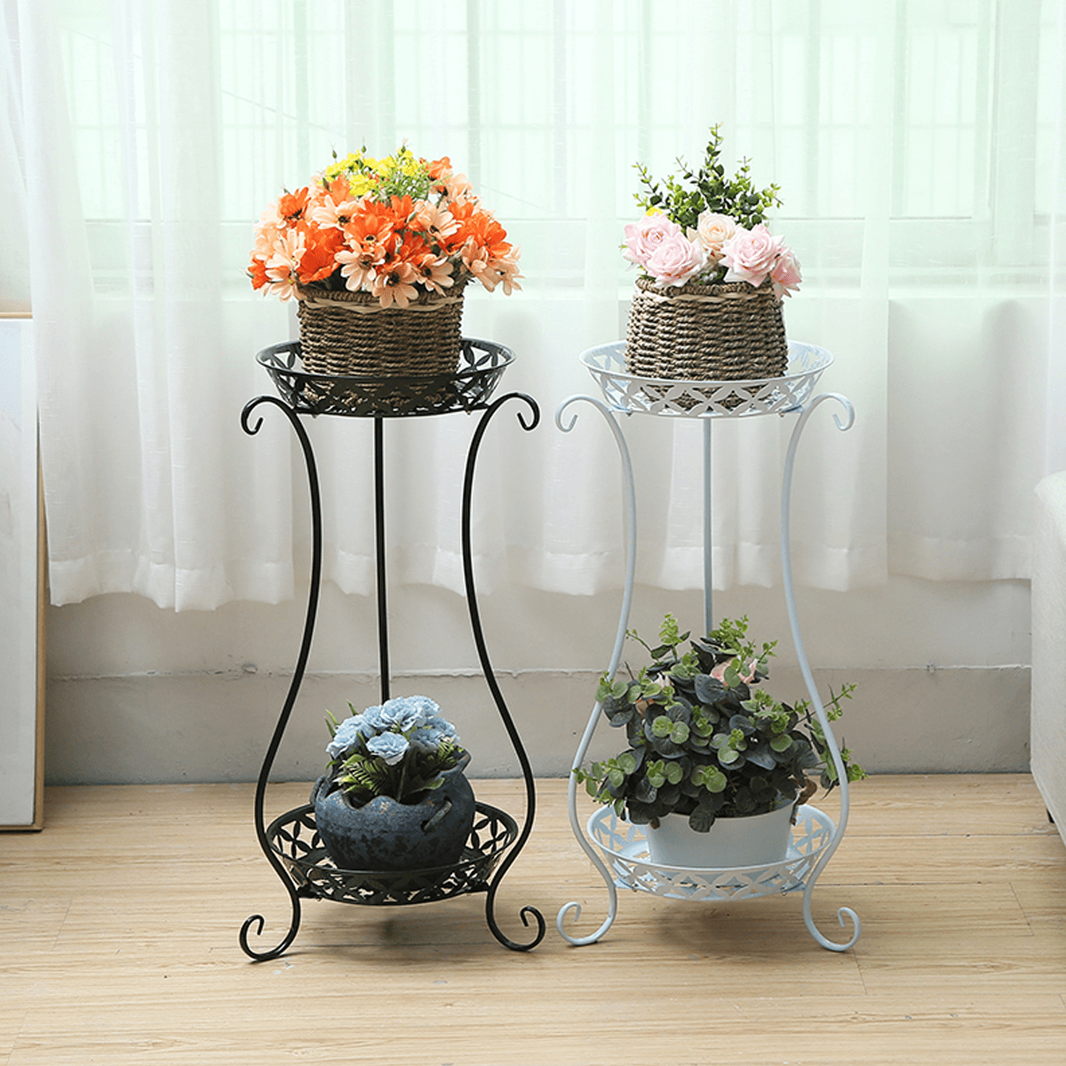 2 Tiers Metal Pot Flower Shelf Plant Stand Rack Display Indoor Outdoor dylinoshop