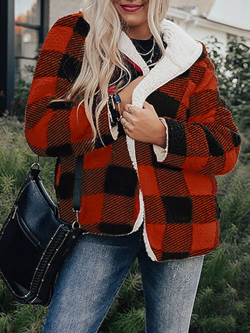 Women Plaid Fleece Hood Long Sleeve Warm Casual Hooded Sweatshirt dylinoshop