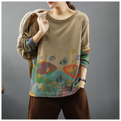 Women 2021 Vintage Prints Loose Sweater Casual Spring Tops NTP181127