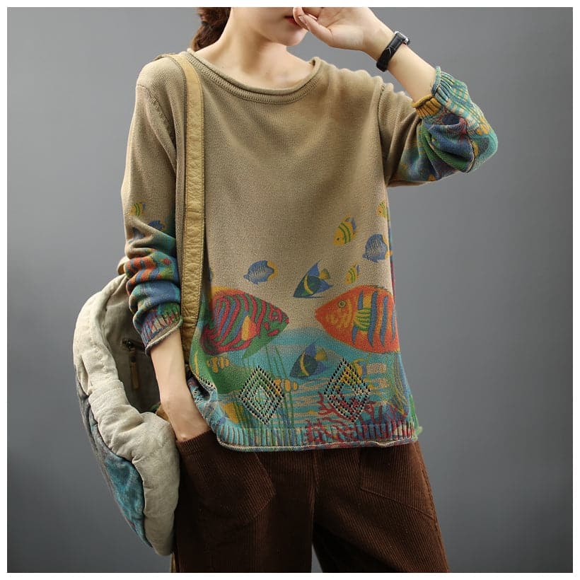 Women 2021 Vintage Prints Loose Sweater Casual Spring Tops NTP181127