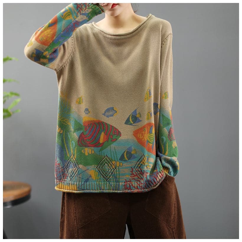 Women 2021 Vintage Prints Loose Sweater Casual Spring Tops NTP181127