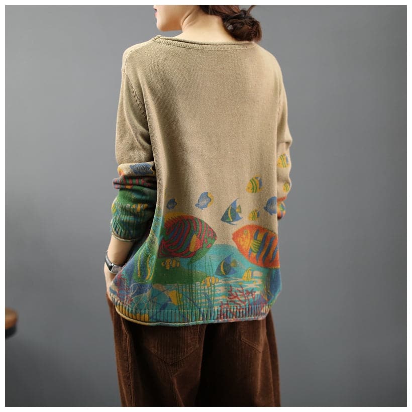 Women 2021 Vintage Prints Loose Sweater Casual Spring Tops NTP181127