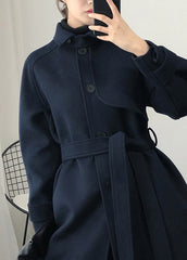 Fashion Loose Fitting Trench Coat Spring Navy Tie Waist Wool Coat CTS171028