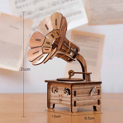 Wooden Assembled Gramophone Music Box feajoy