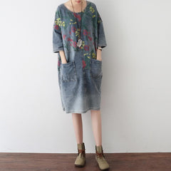 2021 Autumn Oversize Denim Dresses Blooming Flowers Casual Denim Shirts dylinoshop