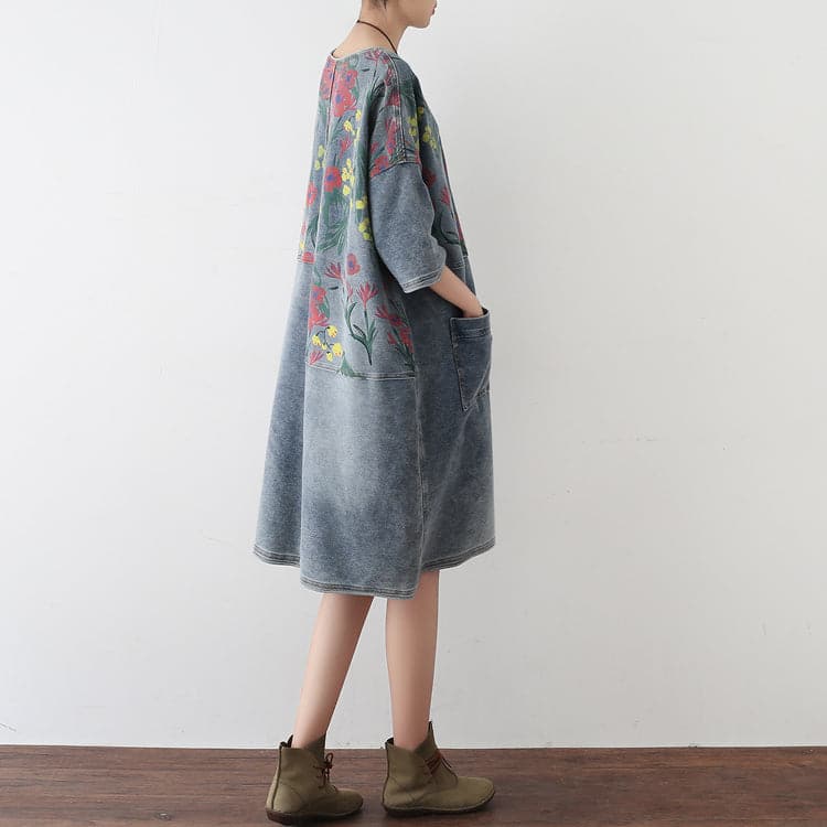 2021 Autumn Oversize Denim Dresses Blooming Flowers Casual Denim Shirts dylinoshop