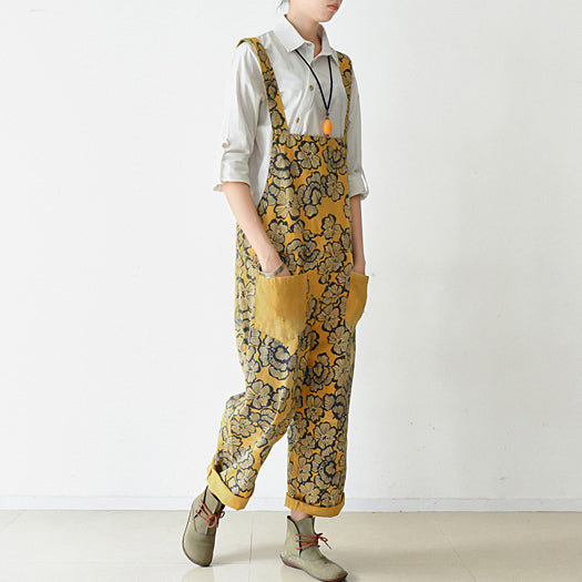 2021 autumn yellow print jumpsuits cotton pants oversize casual fall outfits dylinoshop