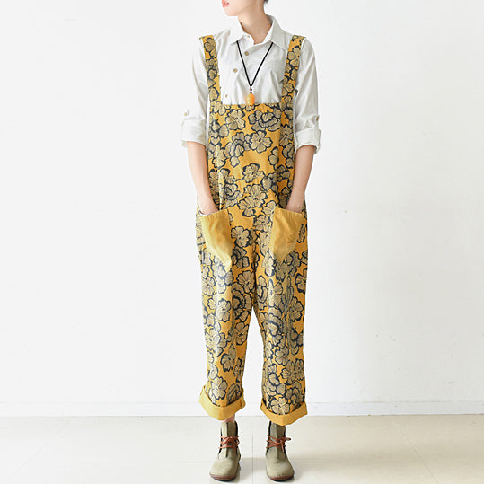 2021 autumn yellow print jumpsuits cotton pants oversize casual fall outfits dylinoshop