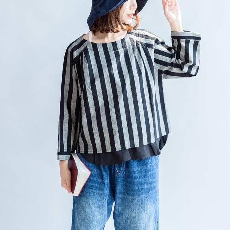 2021 black gray striped linen tops plus size linen casual long sleeve t shirts dylinoshop